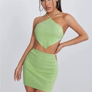 Crisscross Tied Backless Hanky Hem Halter Top & Cut Out Waist Skirt Set